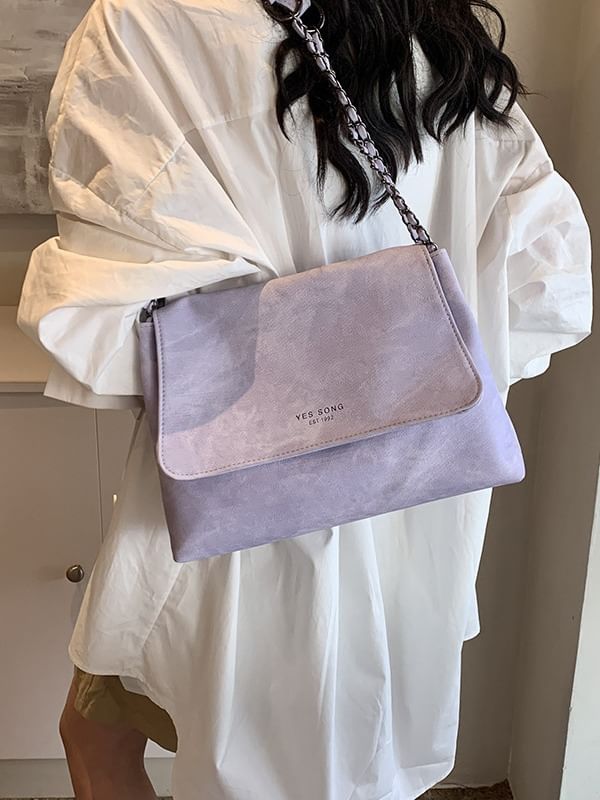 Chain Tote Strap Flap Faux Lettering Bag Leather