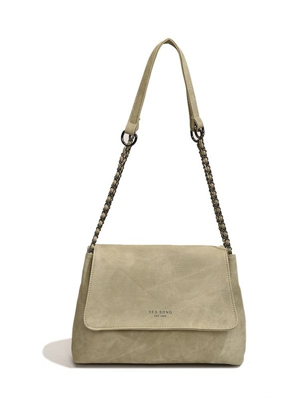 Chain Tote Strap Flap Faux Lettering Bag Leather