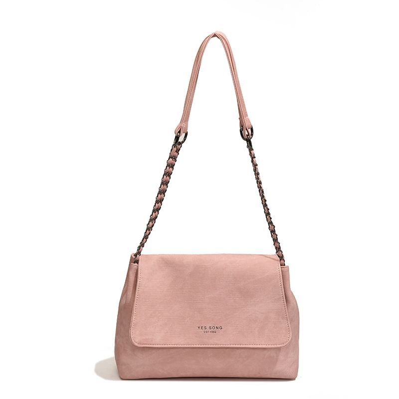 Chain Tote Strap Flap Faux Lettering Bag Leather