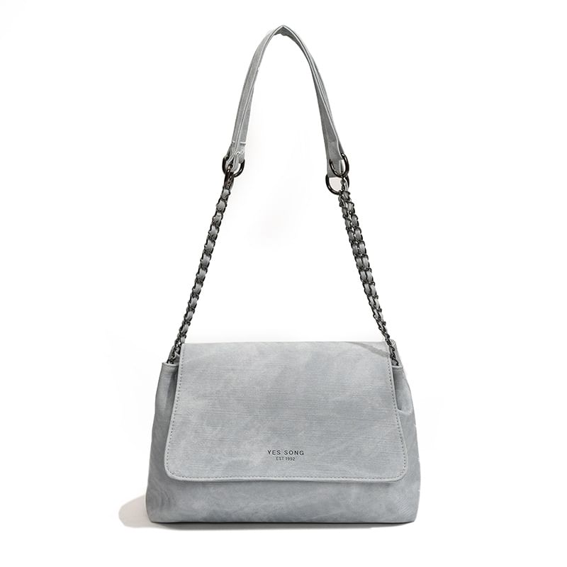 Chain Tote Strap Flap Faux Lettering Bag Leather