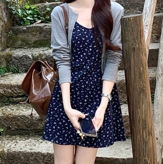 Strap Cardigan Melange Crop Mini Spaghetti Dress A-Line Floral /