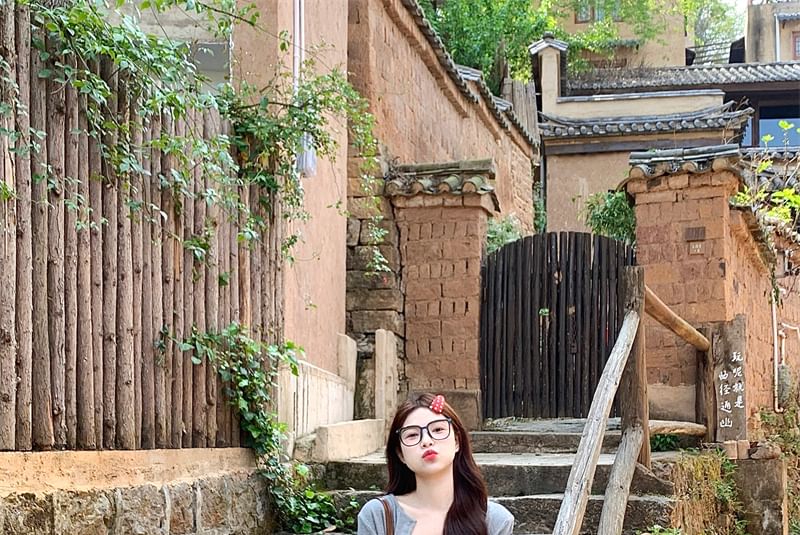 Strap Cardigan Melange Crop Mini Spaghetti Dress A-Line Floral /