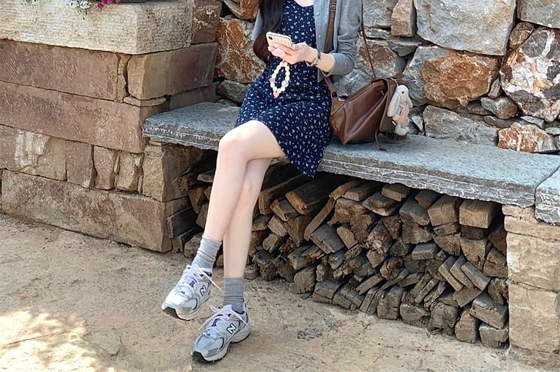 Strap Cardigan Melange Crop Mini Spaghetti Dress A-Line Floral /