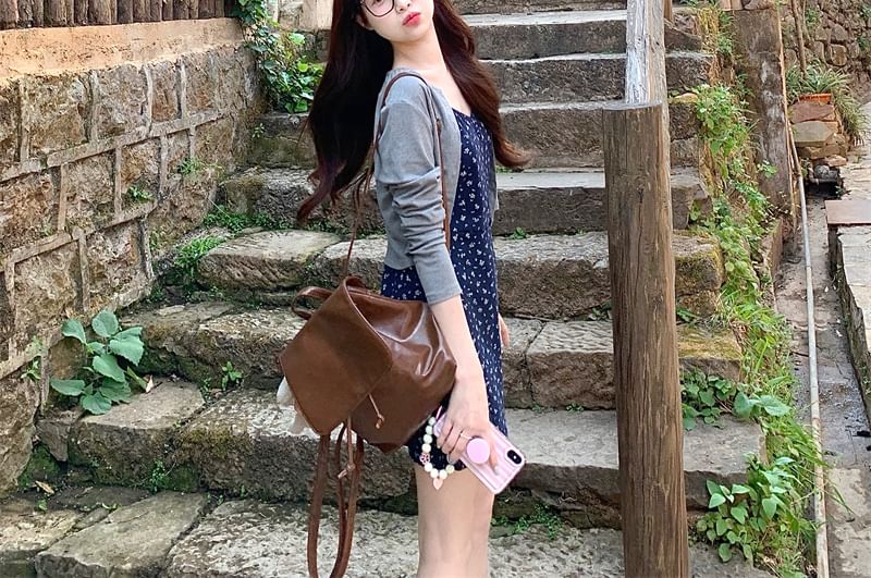 Strap Cardigan Melange Crop Mini Spaghetti Dress A-Line Floral /