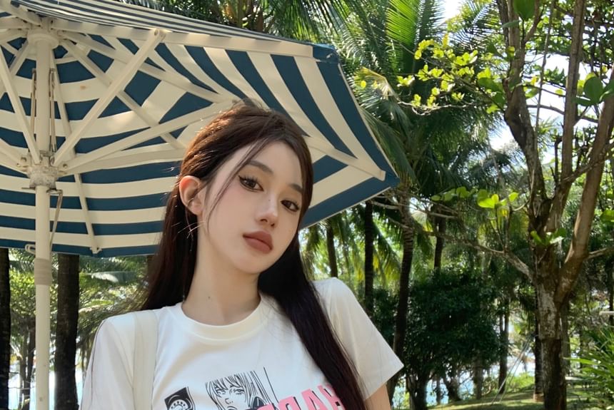 Fit Round Slim Print Short-Sleeve Crop Cartoon Neck T-Shirt