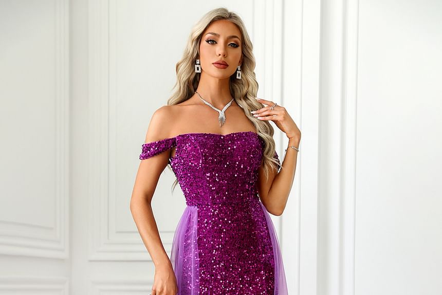 Evening Gown Sequined Mermaid Off-Shoulder Panel Mesh