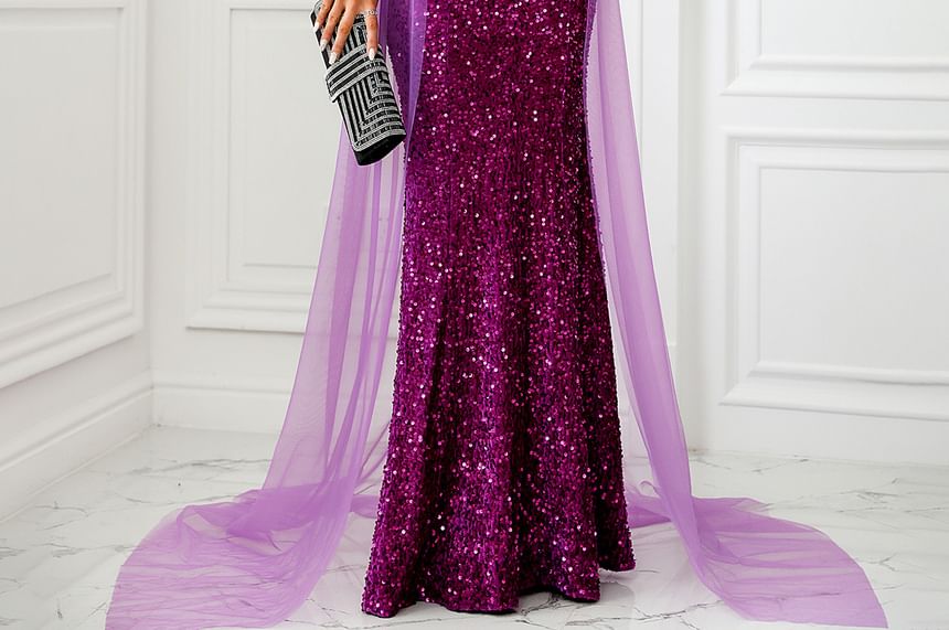 Evening Gown Sequined Mermaid Off-Shoulder Panel Mesh