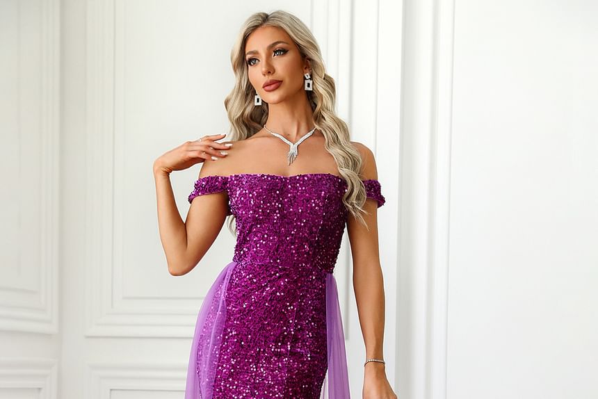 Evening Gown Sequined Mermaid Off-Shoulder Panel Mesh