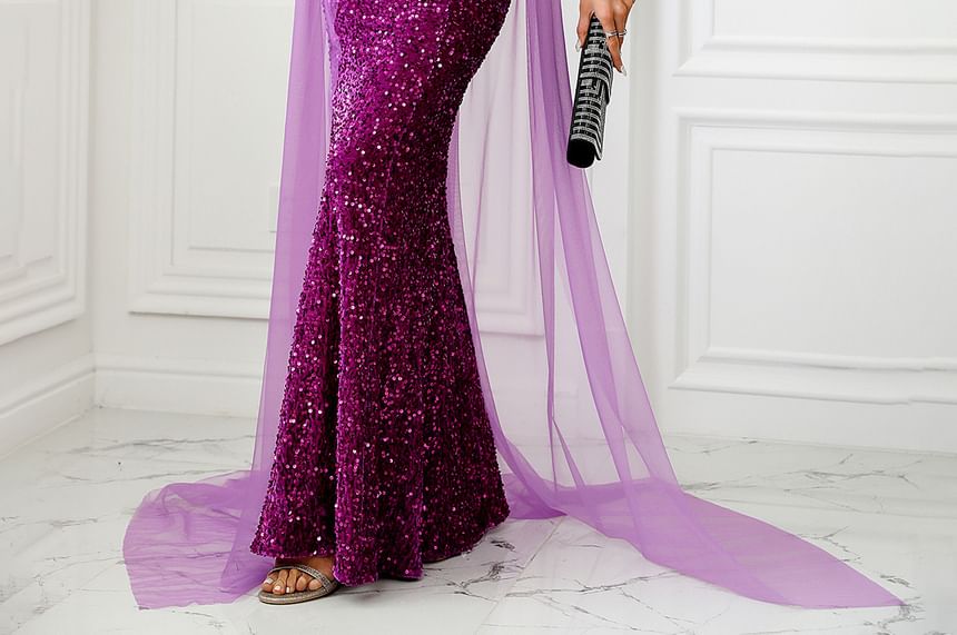 Evening Gown Sequined Mermaid Off-Shoulder Panel Mesh