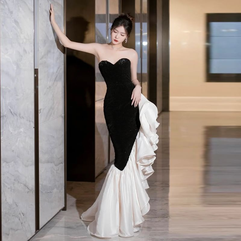 Two Tone Panel Evening Mermaid Tube Gown Ruffle