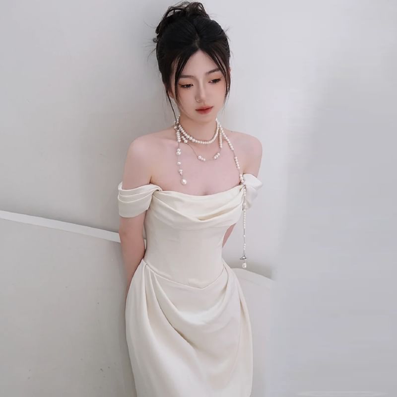 Gown Satin Off Wedding Plain Ruched A-Line Shoulder