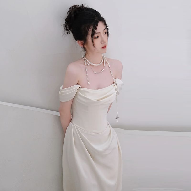 Gown Satin Off Wedding Plain Ruched A-Line Shoulder
