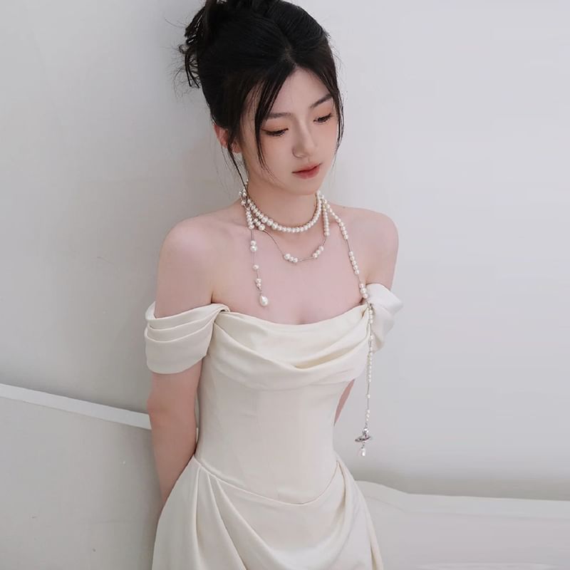 Gown Satin Off Wedding Plain Ruched A-Line Shoulder