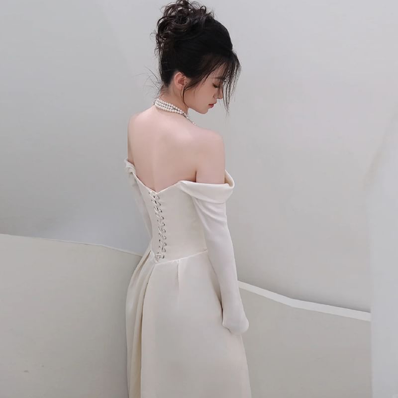 Gown Satin Off Wedding Plain Ruched A-Line Shoulder