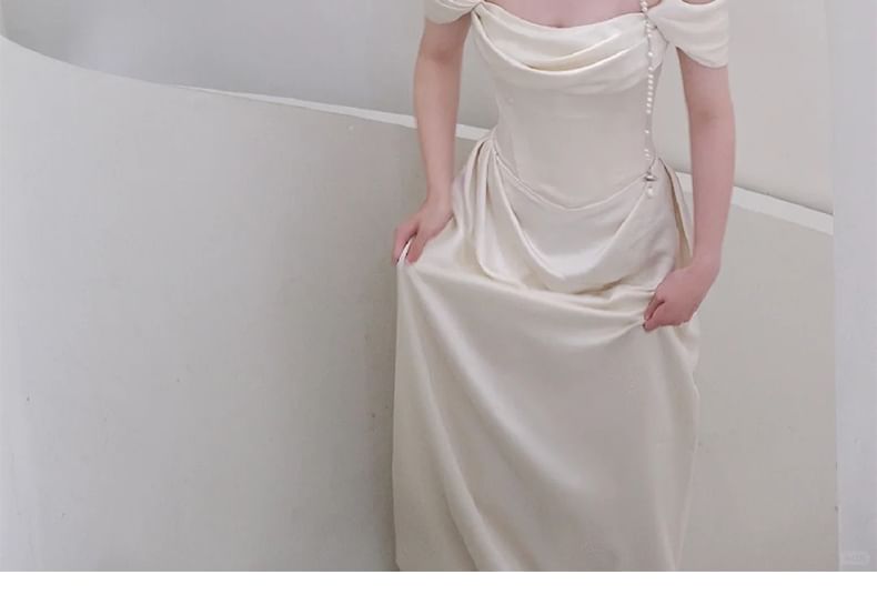 Gown Satin Off Wedding Plain Ruched A-Line Shoulder
