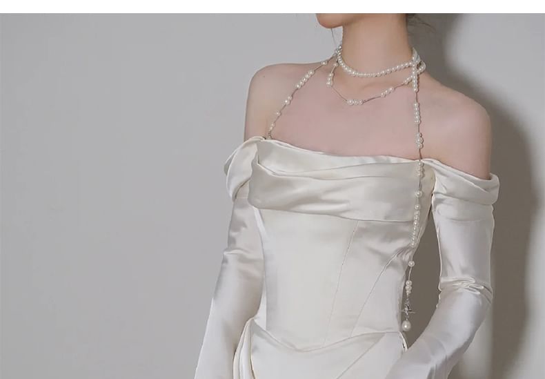 Gown Satin Off Wedding Plain Ruched A-Line Shoulder