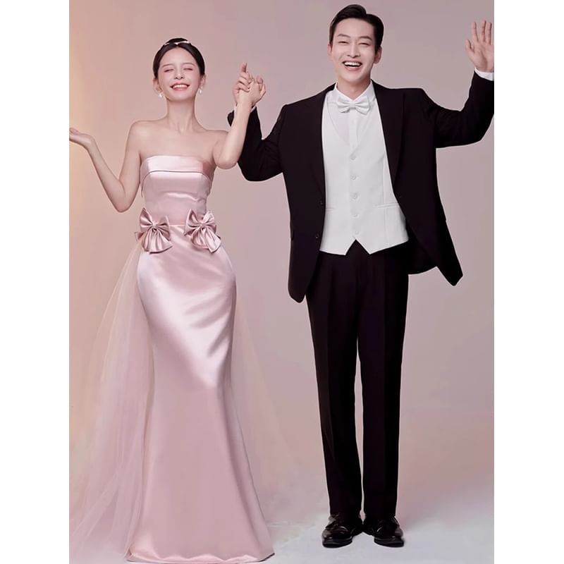 Gown Panel Bow Plain Tube Evening Trumpet Mesh