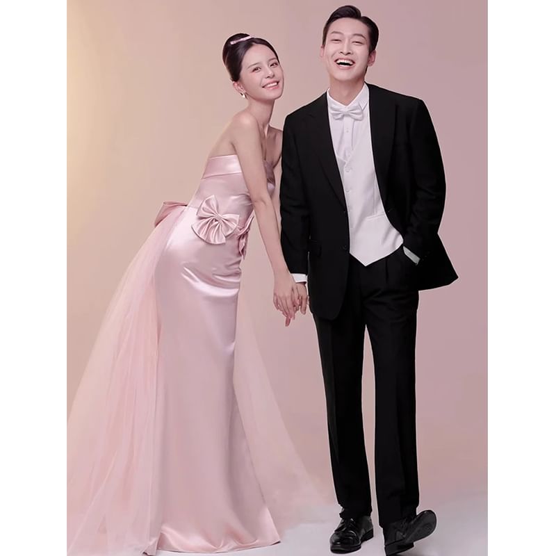 Gown Panel Bow Plain Tube Evening Trumpet Mesh