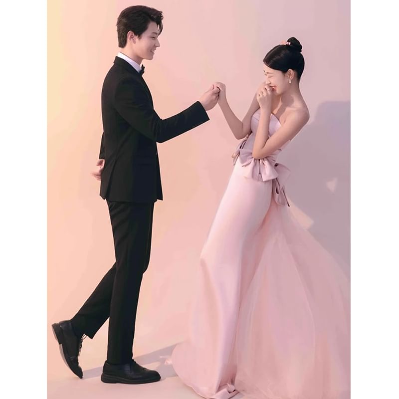 Gown Panel Bow Plain Tube Evening Trumpet Mesh