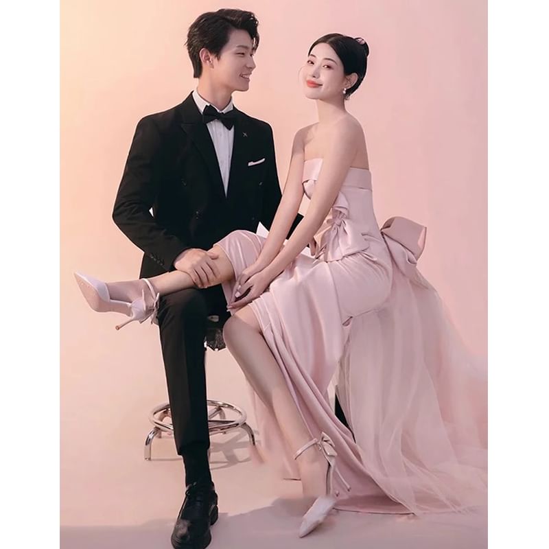 Gown Panel Bow Plain Tube Evening Trumpet Mesh