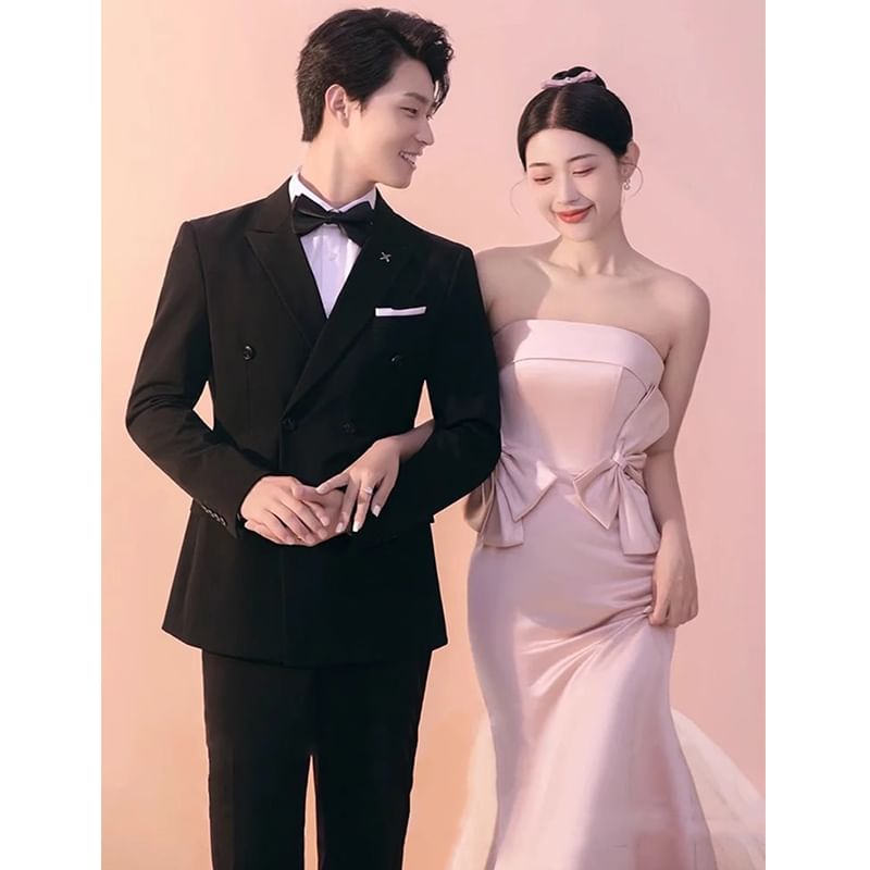 Gown Panel Bow Plain Tube Evening Trumpet Mesh