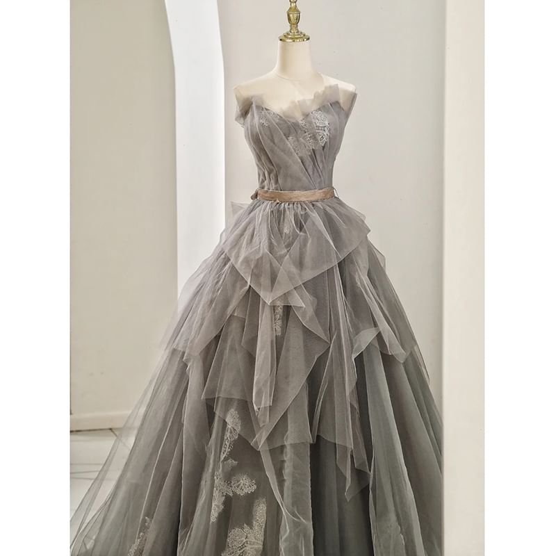 Panel A-Line Lace Mesh Ruched Evening Tube Gown