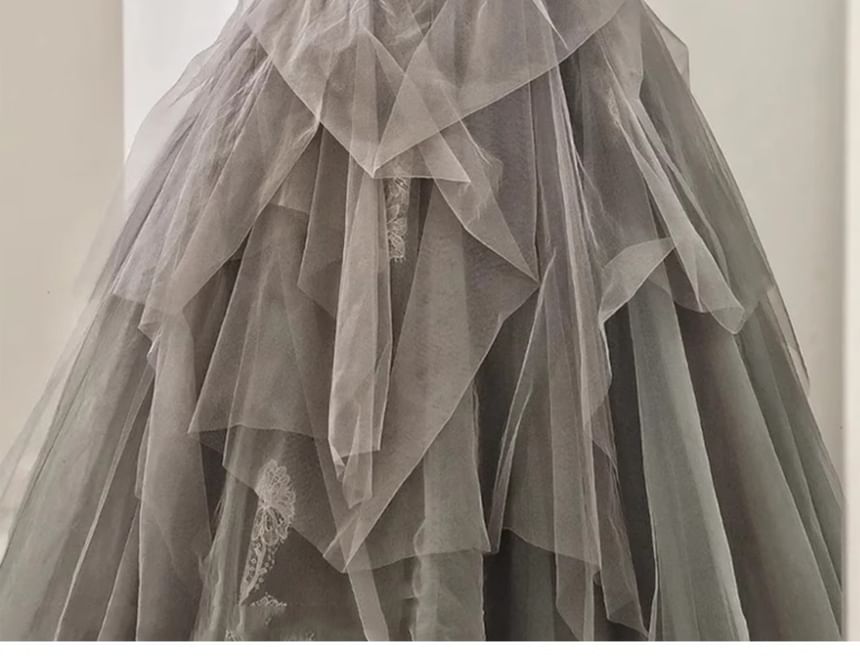 Panel A-Line Lace Mesh Ruched Evening Tube Gown