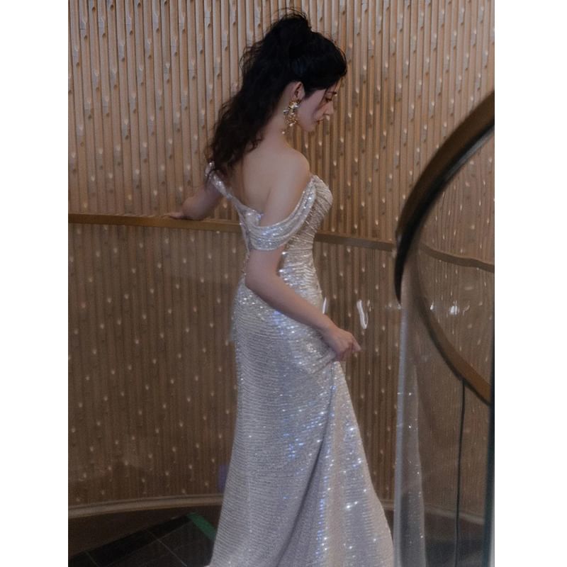Ruched Slit Evening Sheath Off Plain Sleeveless Gown Shoulder Sequin