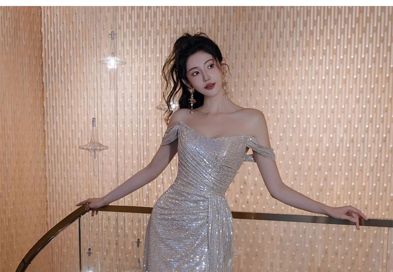 Ruched Slit Evening Sheath Off Plain Sleeveless Gown Shoulder Sequin