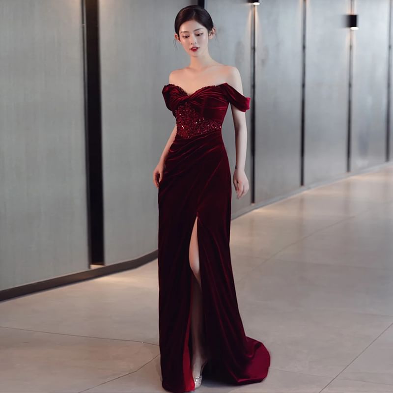 Ruched Velvet Sequin Slit Panel Sheath Sleeveless Gown Shoulder Plain Off Evening