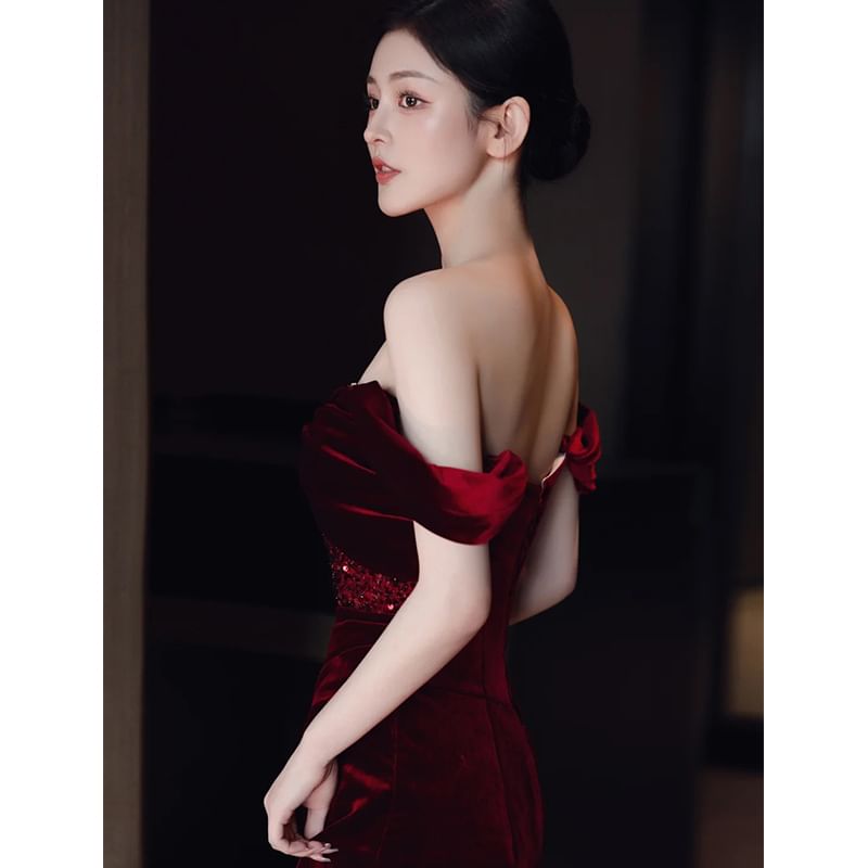 Ruched Velvet Sequin Slit Panel Sheath Sleeveless Gown Shoulder Plain Off Evening