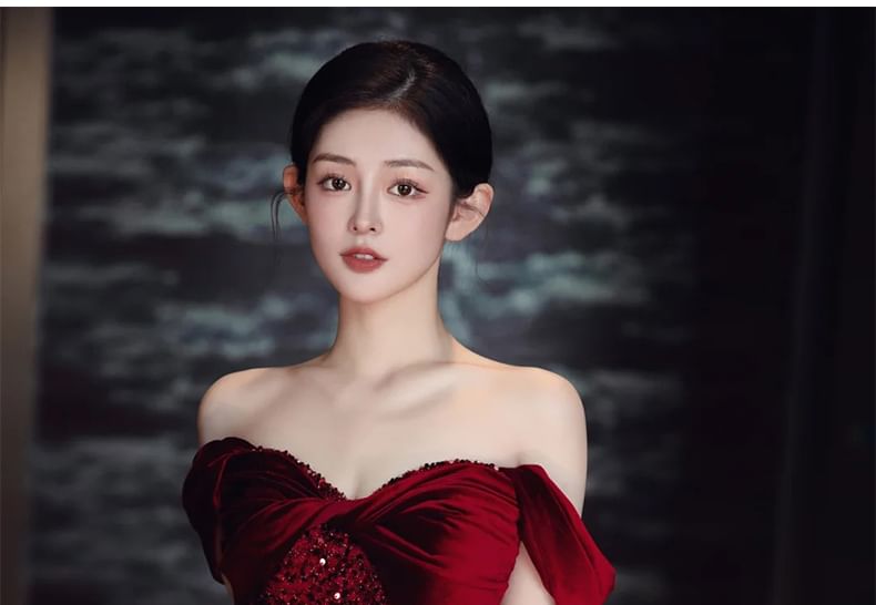 Ruched Velvet Sequin Slit Panel Sheath Sleeveless Gown Shoulder Plain Off Evening