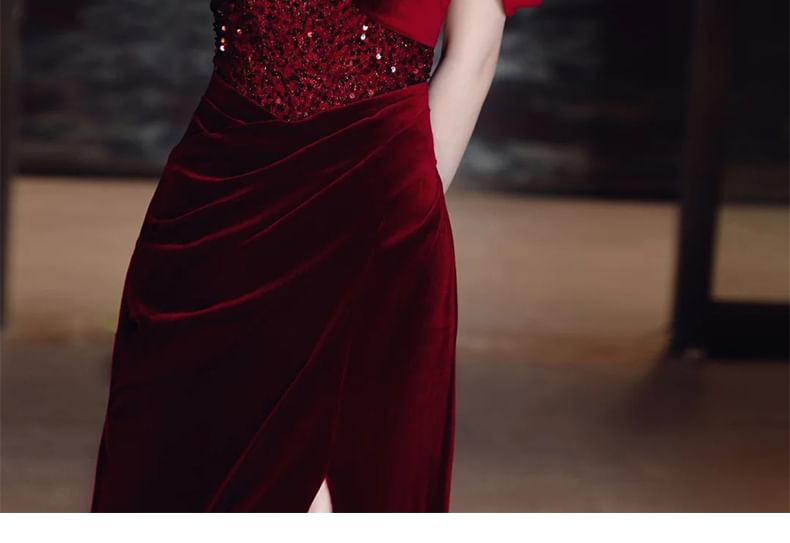 Ruched Velvet Sequin Slit Panel Sheath Sleeveless Gown Shoulder Plain Off Evening