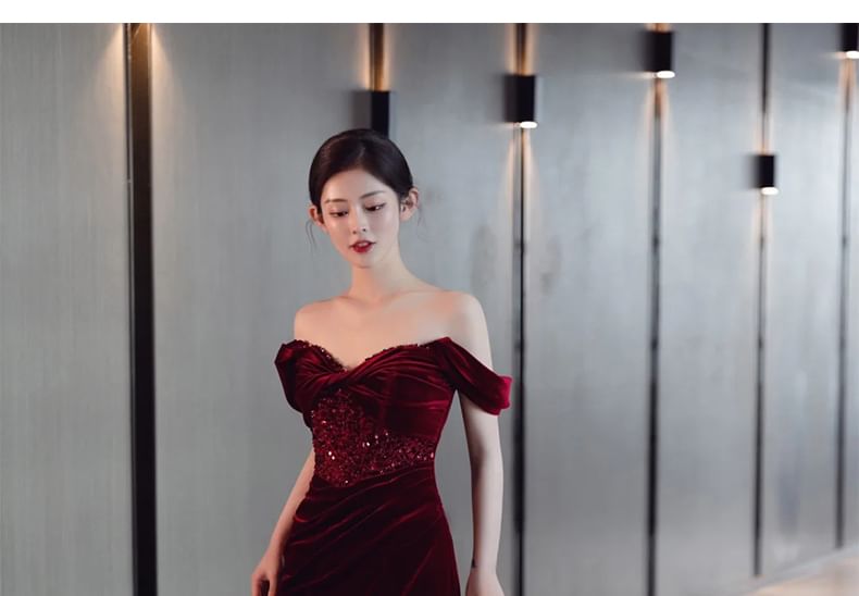 Ruched Velvet Sequin Slit Panel Sheath Sleeveless Gown Shoulder Plain Off Evening