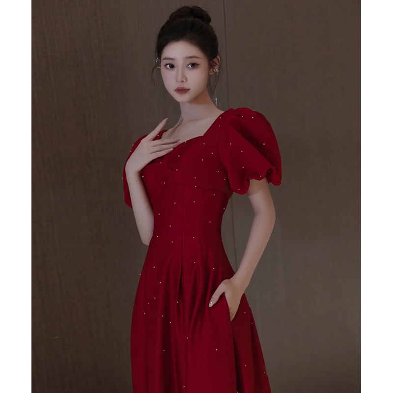 Sleeve Evening Puff Square Gown Plain Neck A-Line