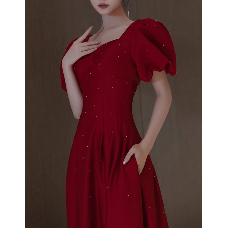 Sleeve Evening Puff Square Gown Plain Neck A-Line