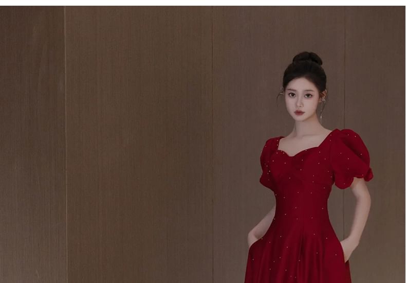 Sleeve Evening Puff Square Gown Plain Neck A-Line