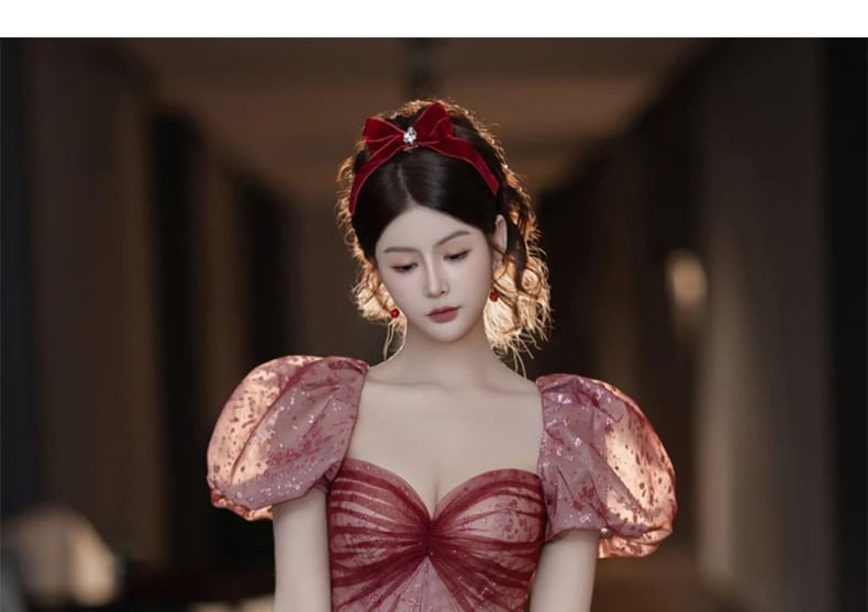 Patterned Mesh Gown Evening Sweetheart Neck Puff A-Line Ruched Sleeve