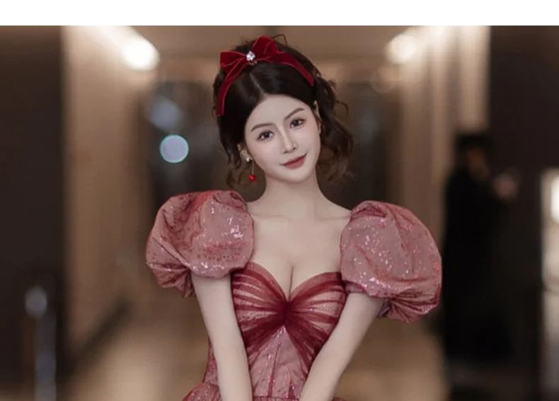 Patterned Mesh Gown Evening Sweetheart Neck Puff A-Line Ruched Sleeve