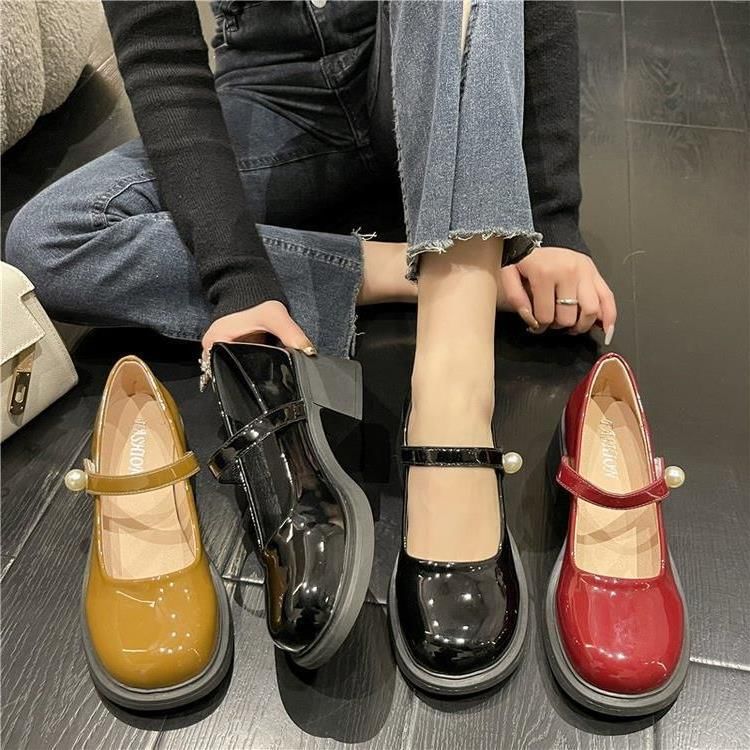 Jane Mary Heel Shoes Faux Patent Pearl Block