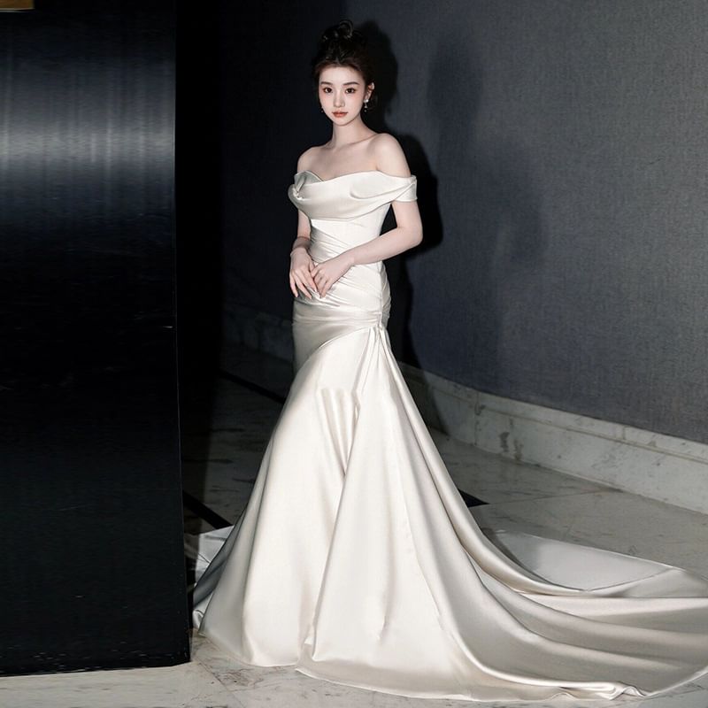 Wedding Off Mermaid Shoulder Gown Plain