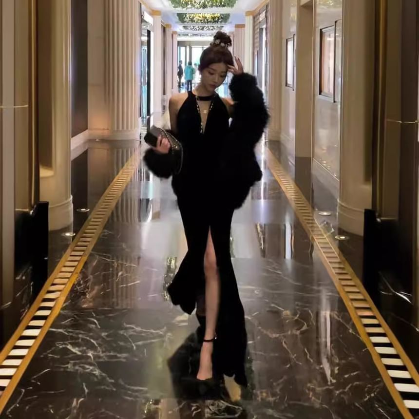 Slit Sleeveless Plain Evening Gown