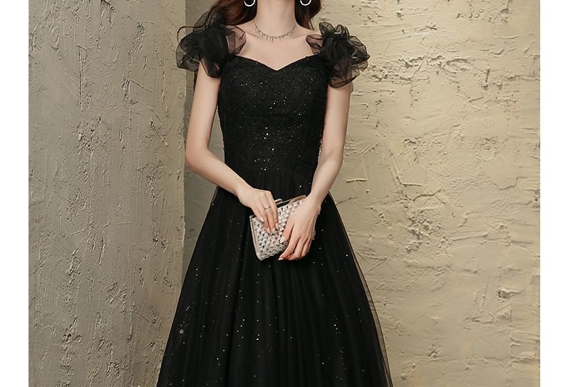 Square Beaded A-Line Gown Neck Evening Mesh Sleeveless Plain