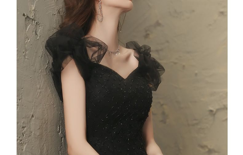 Square Beaded A-Line Gown Neck Evening Mesh Sleeveless Plain