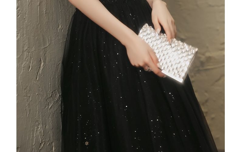 Square Beaded A-Line Gown Neck Evening Mesh Sleeveless Plain