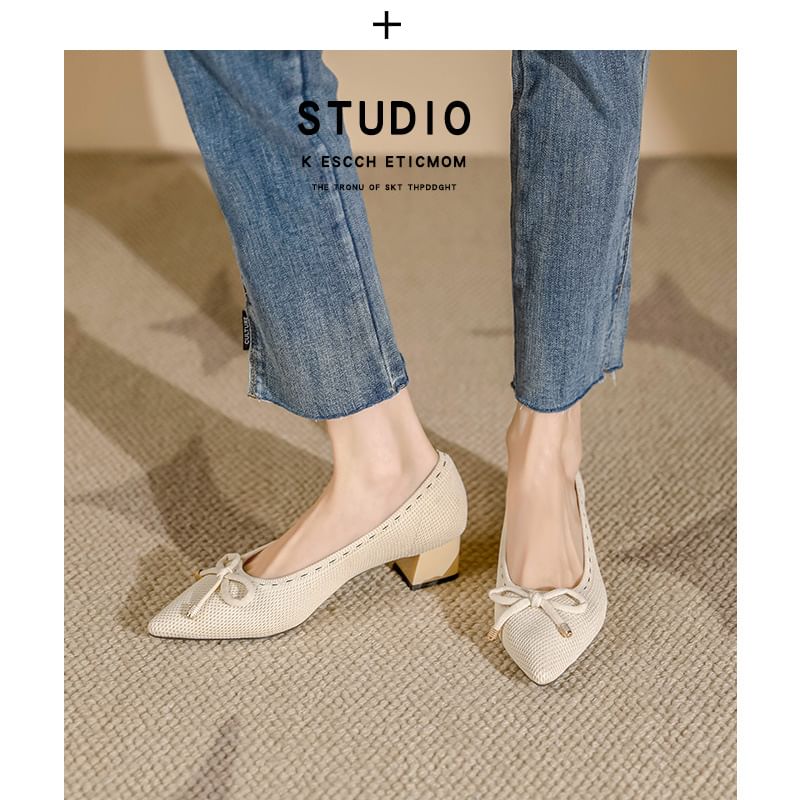 Block Heel Fabric Bow Pointed Pumps