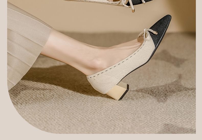 Block Heel Fabric Bow Pointed Pumps