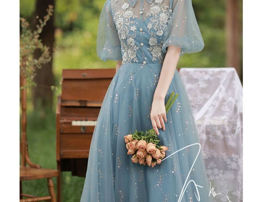 Collar Short-Sleeve Sequin Evening A-Line Gown