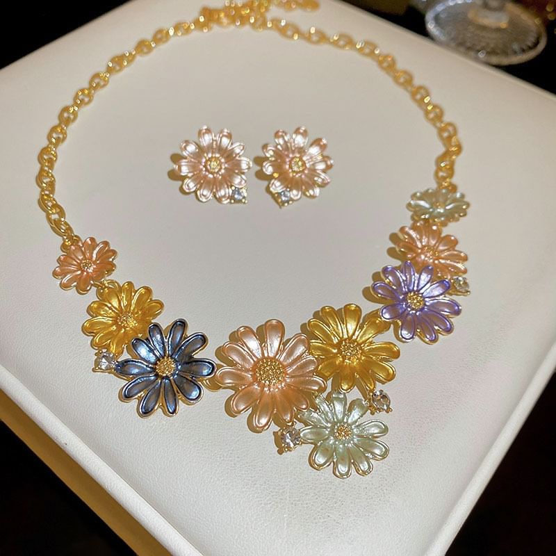 Alloy Stud Earring / Rhinestone Floral Choker