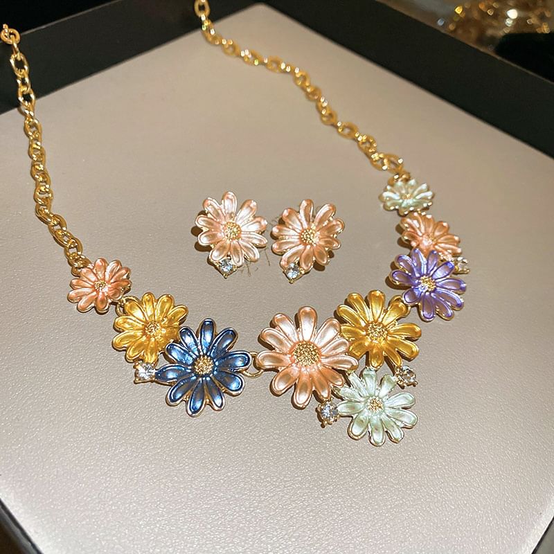 Alloy Stud Earring / Rhinestone Floral Choker